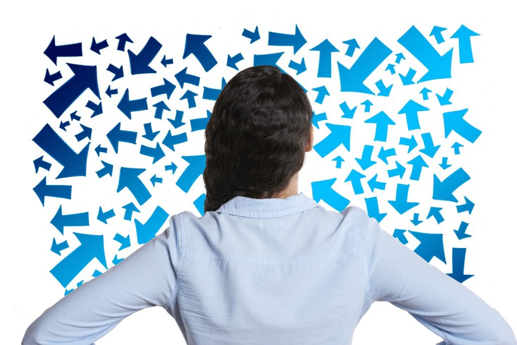 woman, viewing, decision, arrows, lots, direction, right, left, straight, circle, recycling, path, different, seek, clutter, order, chaos, decision, clutter, clutter, chaos, chaos, chaos, chaos, chaos