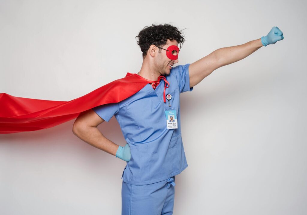 A healthcare professional dressed up as a superhero, symbolizing courage and protection.